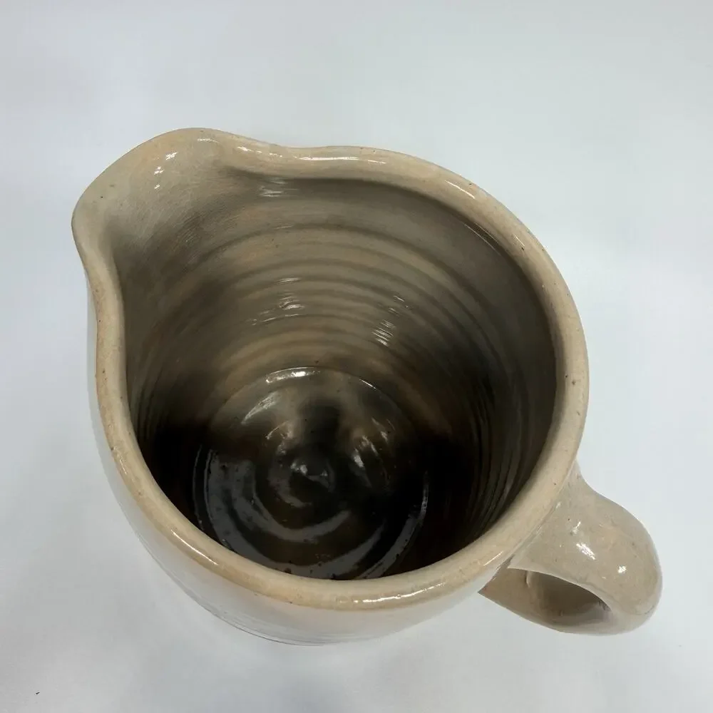 Vtg Stoneware Crock Pottery Pitcher Cobalt Blue Stripe Handpainted Strawberries